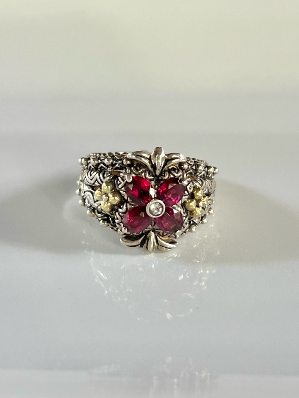Barbara Bixby 925 Silver & 18k Gold Garnet Flower Ring